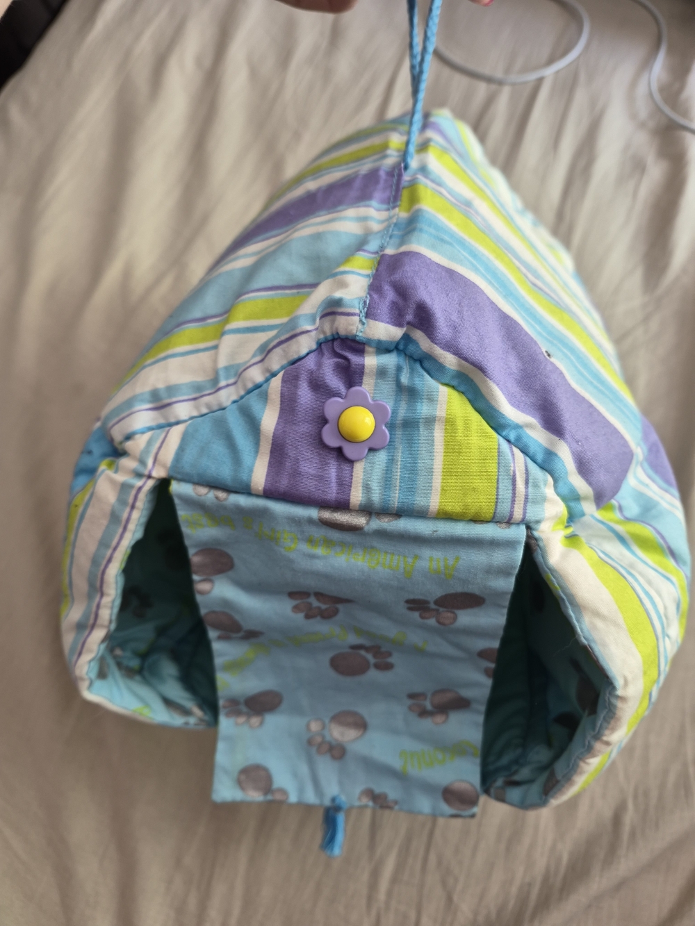 American Girl Striped Hooded Neck Warmer in Blue, Purple & Lime